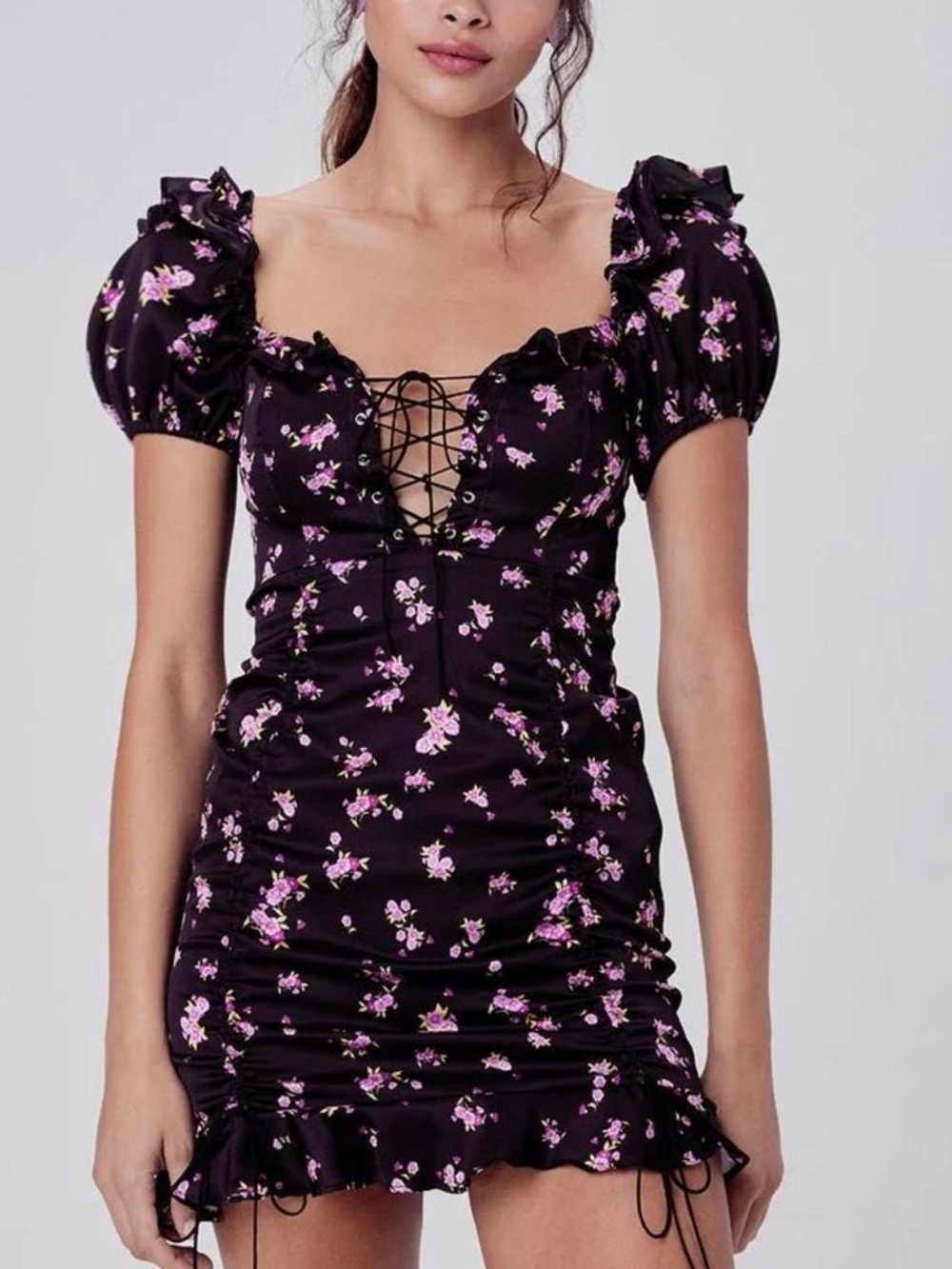For Love And Lemons Black Mini Dress with Purple Floral Lace-Up Front